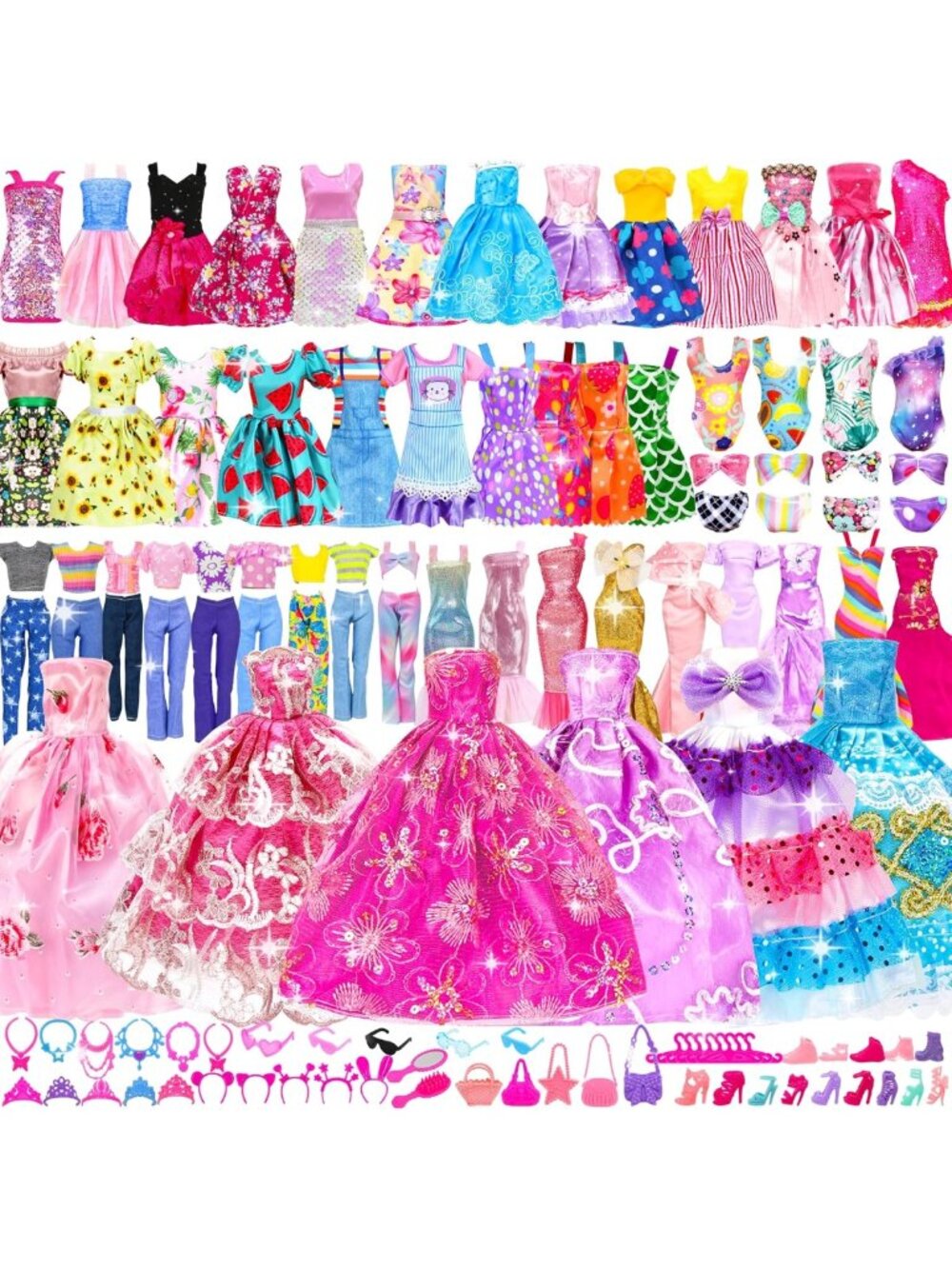 138 Pcs Doll Clothes & Accessories Set - Wedding Gowns, Dresses, Shoes & More!